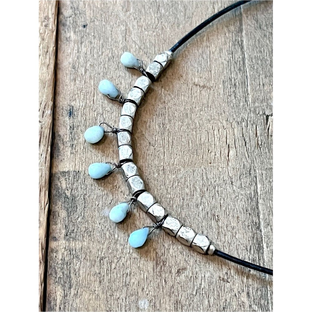 Fossil Amazonite Nugget Drops Leather Cord Silver Cube Necklace 20”
